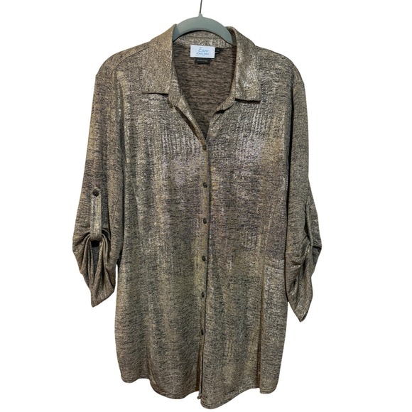 Envy of Palm Beach Tops - VTG Envy of Palm Beach Button Down Shirt Women Large Gold Metallic Roll Tab Slv‎